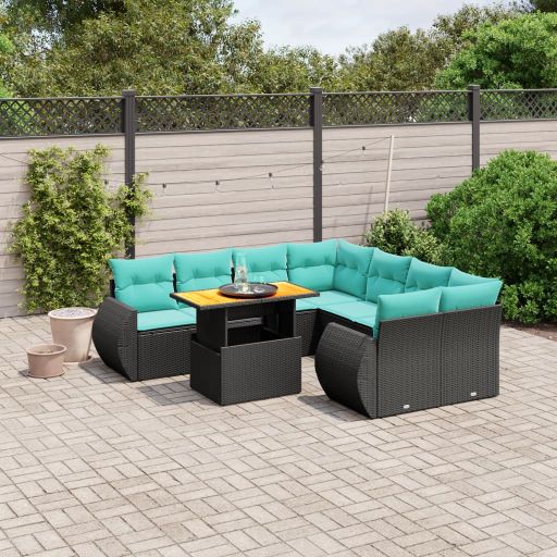 9-tlg. Garten-Sofagarnitur mit Kissen Schwarz Poly Rattan