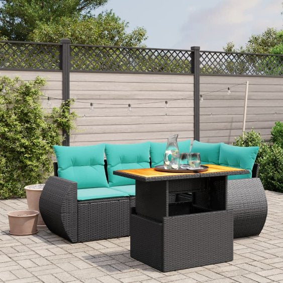 5-tlg. Garten-Sofagarnitur mit Kissen Schwarz Poly Rattan