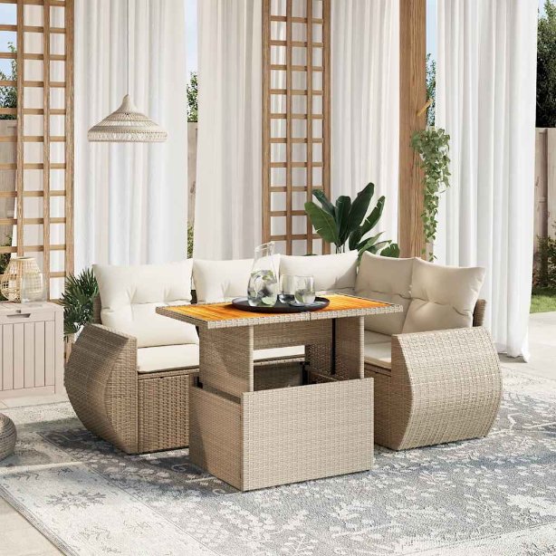 5-tlg. Garten-Sofagarnitur mit Kissen Schwarz Poly Rattan