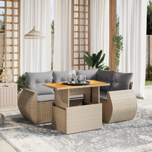 5-tlg. Garten-Sofagarnitur mit Kissen Schwarz Poly Rattan