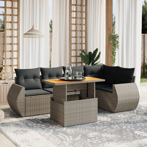 6-tlg. Garten-Sofagarnitur mit Kissen Schwarz Poly Rattan