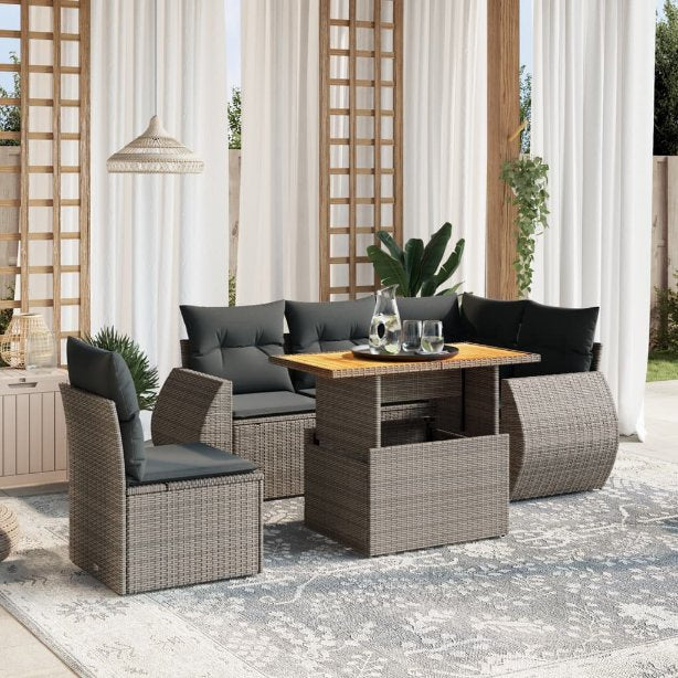 6-tlg. Garten-Sofagarnitur mit Kissen Schwarz Poly Rattan