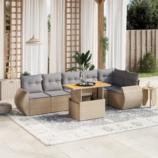 7-tlg. Garten-Sofagarnitur mit Kissen Schwarz Poly Rattan