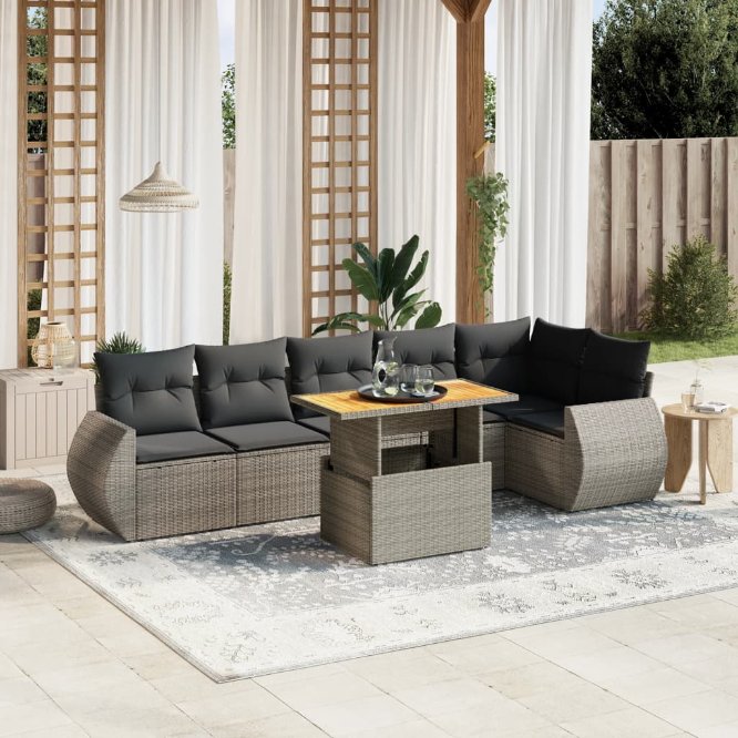 7-tlg. Garten-Sofagarnitur mit Kissen Schwarz Poly Rattan