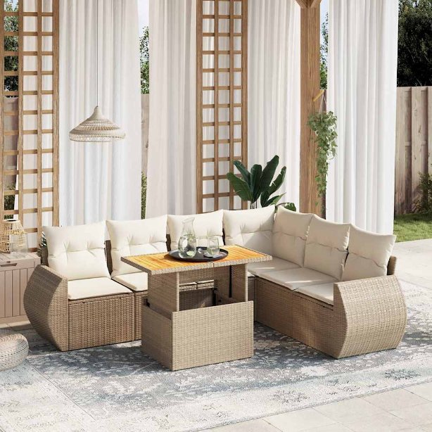 7-tlg. Garten-Sofagarnitur mit Kissen Schwarz Poly Rattan