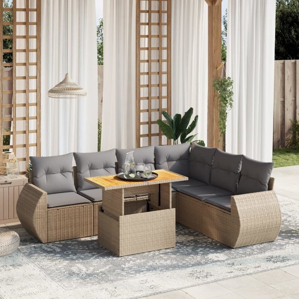 7-tlg. Garten-Sofagarnitur mit Kissen Schwarz Poly Rattan