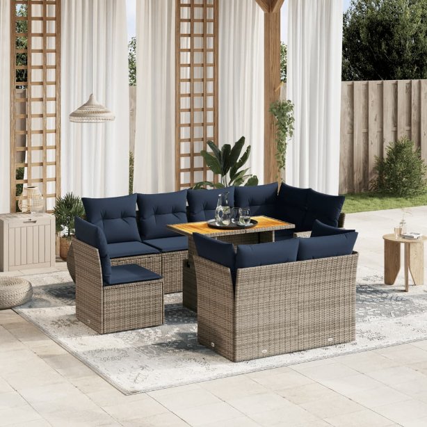 9-tlg. Garten-Sofagarnitur mit Kissen Schwarz Poly Rattan