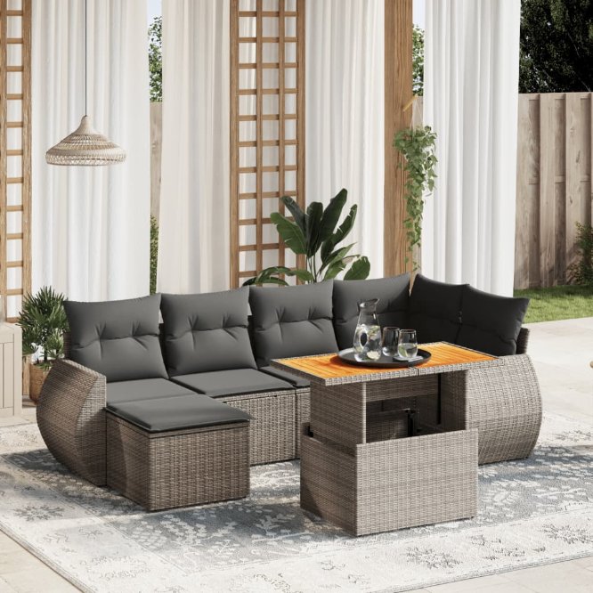 7-tlg. Garten-Sofagarnitur mit Kissen Schwarz Poly Rattan