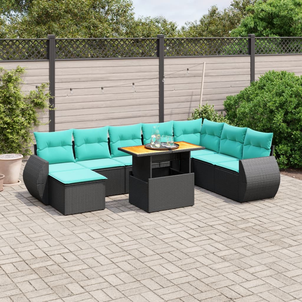 9-tlg. Garten-Sofagarnitur mit Kissen Schwarz Poly Rattan