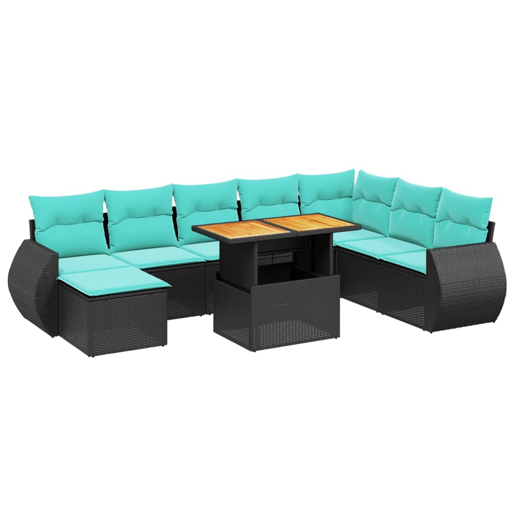 9-tlg. Garten-Sofagarnitur mit Kissen Schwarz Poly Rattan