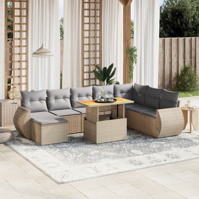 9-tlg. Garten-Sofagarnitur mit Kissen Schwarz Poly Rattan