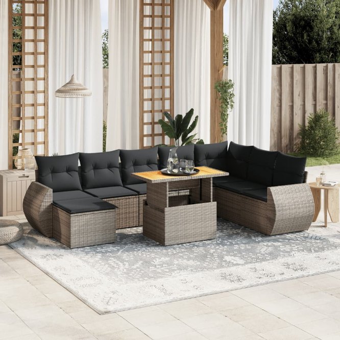 9-tlg. Garten-Sofagarnitur mit Kissen Schwarz Poly Rattan