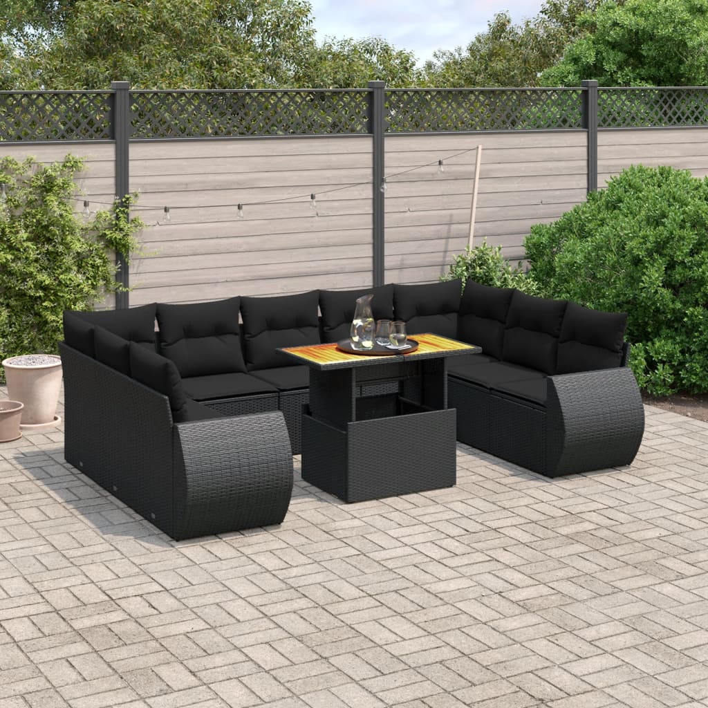 vidaXL 10-tlg. Garten-Sofagarnitur mit Kissen Schwarz Poly Rattan