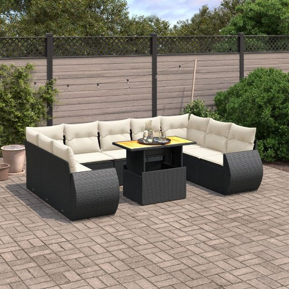 vidaXL 10-tlg. Garten-Sofagarnitur mit Kissen Schwarz Poly Rattan