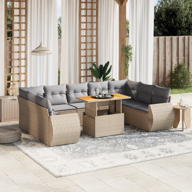 vidaXL 10-tlg. Garten-Sofagarnitur mit Kissen Schwarz Poly Rattan
