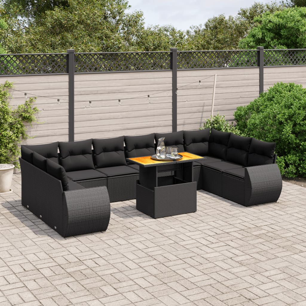 vidaXL 11-tlg. Garten-Sofagarnitur mit Kissen Schwarz Poly Rattan