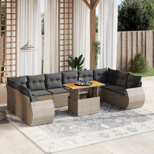 vidaXL 11-tlg. Garten-Sofagarnitur mit Kissen Schwarz Poly Rattan