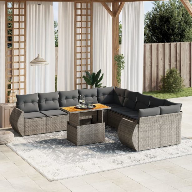 vidaXL 11-tlg. Garten-Sofagarnitur mit Kissen Schwarz Poly Rattan