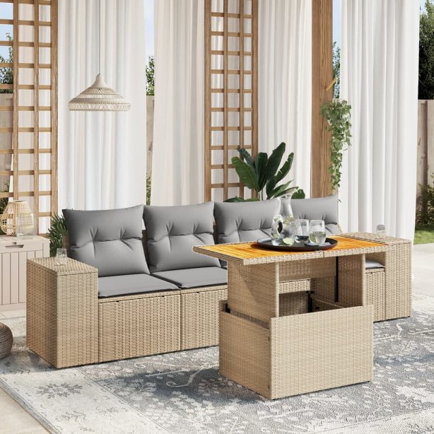 5-tlg. Garten-Sofagarnitur mit Kissen Schwarz Poly Rattan