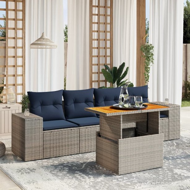 5-tlg. Garten-Sofagarnitur mit Kissen Schwarz Poly Rattan