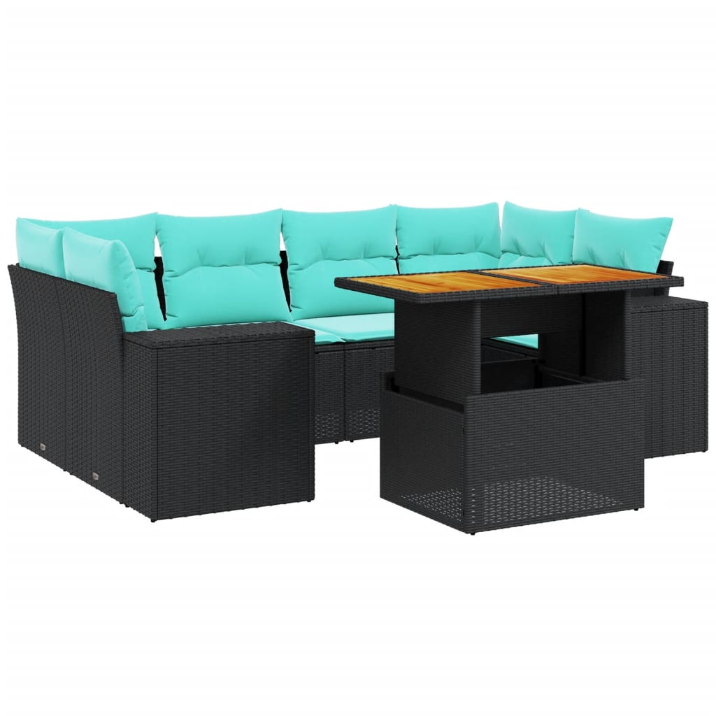 7-tlg. Garten-Sofagarnitur mit Kissen Schwarz Poly Rattan