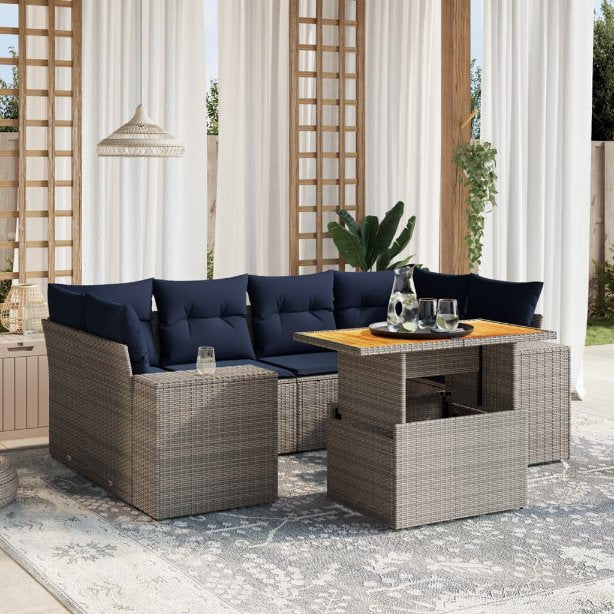 7-tlg. Garten-Sofagarnitur mit Kissen Schwarz Poly Rattan