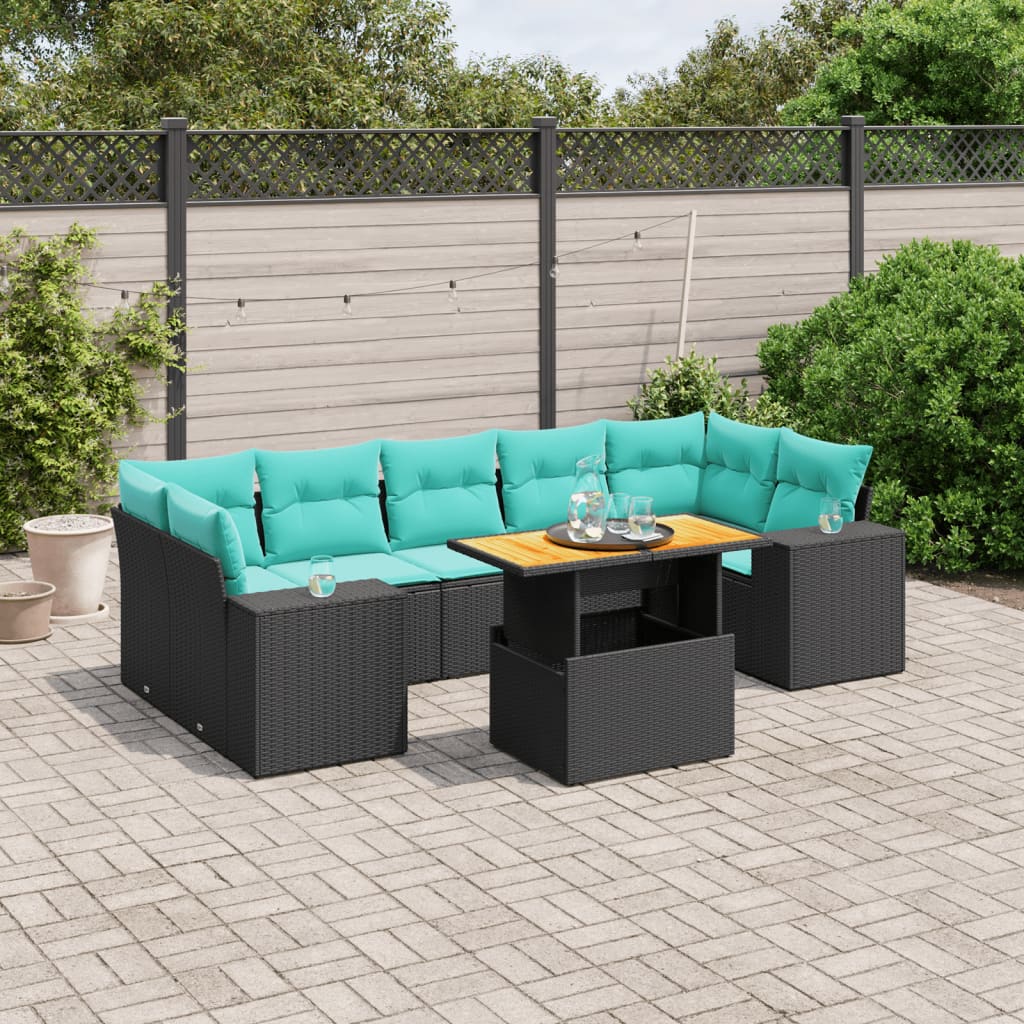 8-tlg. Garten-Sofagarnitur mit Kissen Schwarz Poly Rattan