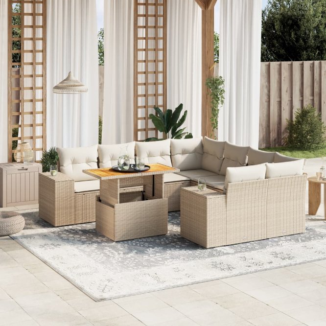 9-tlg. Garten-Sofagarnitur mit Kissen Schwarz Poly Rattan