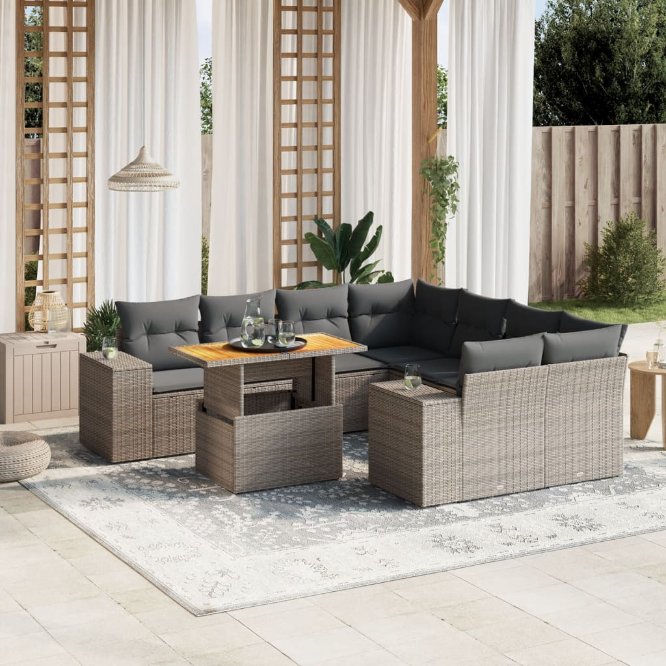 9-tlg. Garten-Sofagarnitur mit Kissen Schwarz Poly Rattan