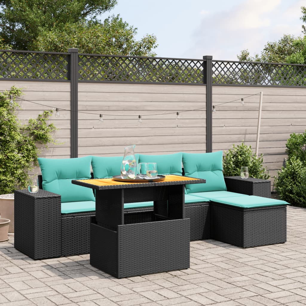 6-tlg. Garten-Sofagarnitur mit Kissen Schwarz Poly Rattan