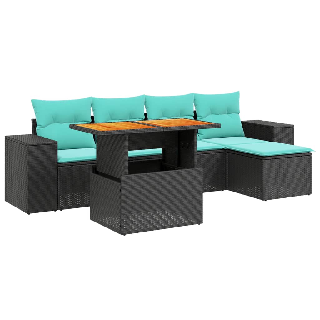 6-tlg. Garten-Sofagarnitur mit Kissen Schwarz Poly Rattan