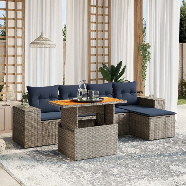 6-tlg. Garten-Sofagarnitur mit Kissen Schwarz Poly Rattan
