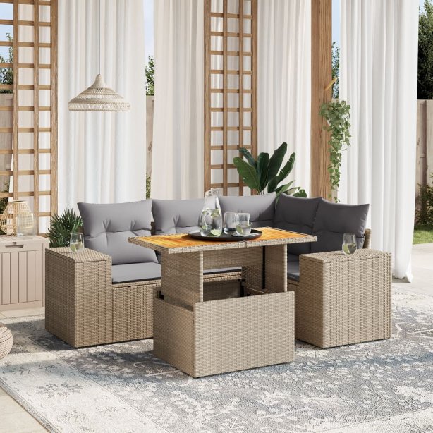 5-tlg. Garten-Sofagarnitur mit Kissen Schwarz Poly Rattan