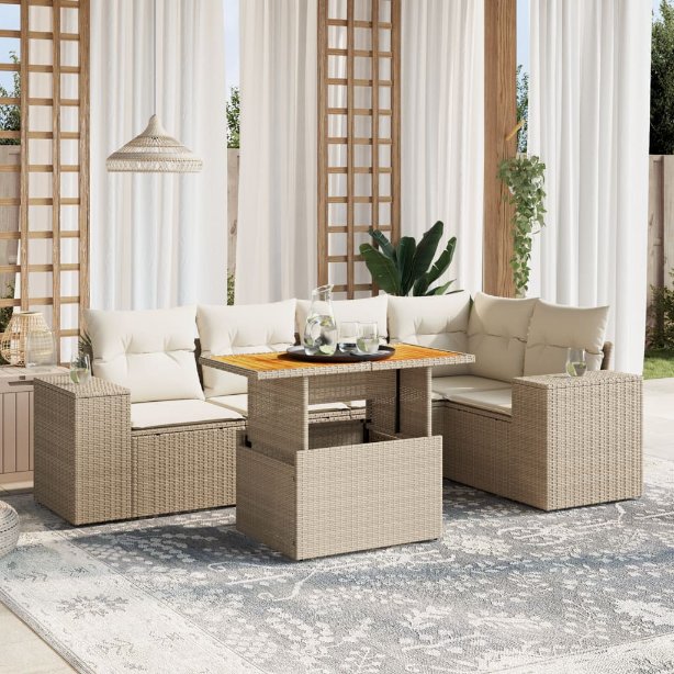 6-tlg. Garten-Sofagarnitur mit Kissen Schwarz Poly Rattan
