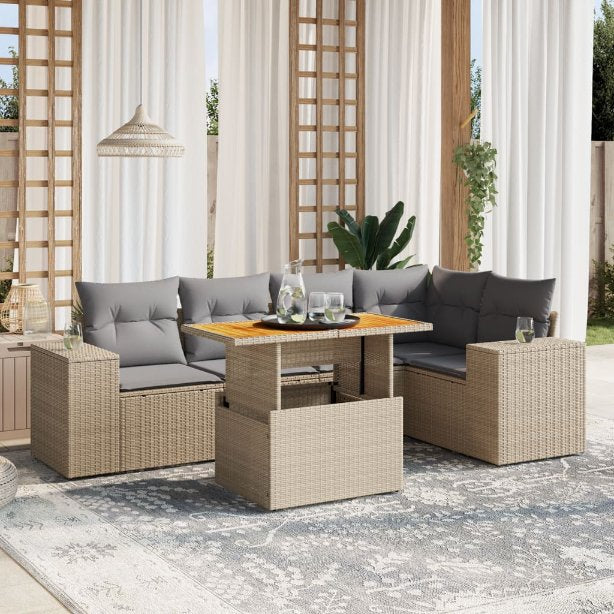 6-tlg. Garten-Sofagarnitur mit Kissen Schwarz Poly Rattan