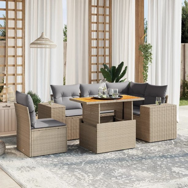 6-tlg. Garten-Sofagarnitur mit Kissen Schwarz Poly Rattan