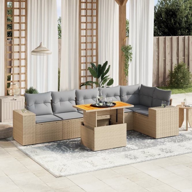 7-tlg. Garten-Sofagarnitur mit Kissen Schwarz Poly Rattan