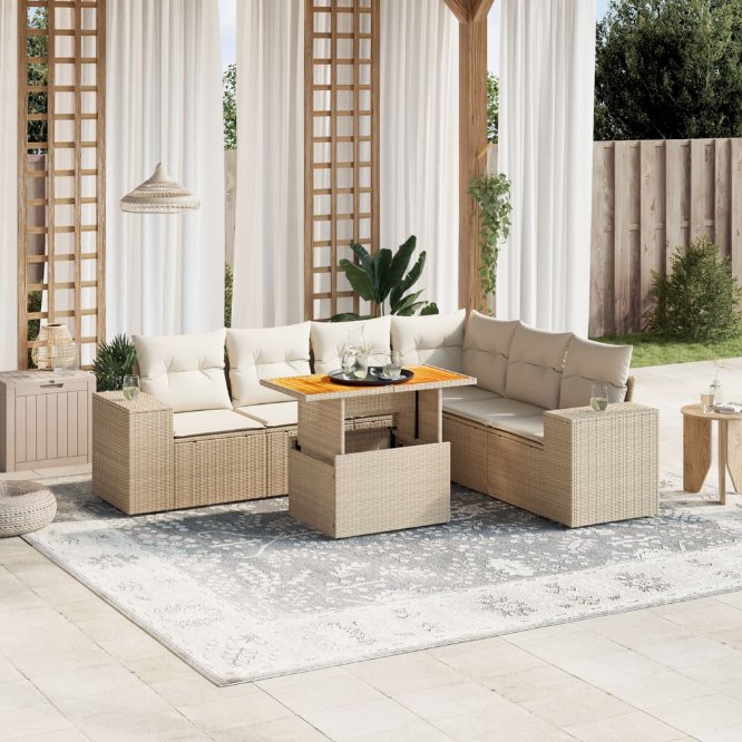 7-tlg. Garten-Sofagarnitur mit Kissen Schwarz Poly Rattan
