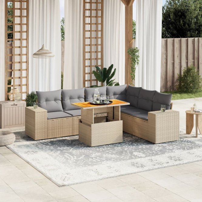 7-tlg. Garten-Sofagarnitur mit Kissen Schwarz Poly Rattan