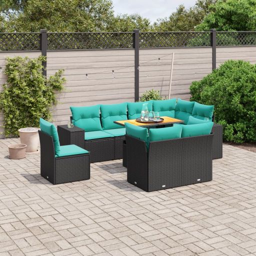 9-tlg. Garten-Sofagarnitur mit Kissen Schwarz Poly Rattan