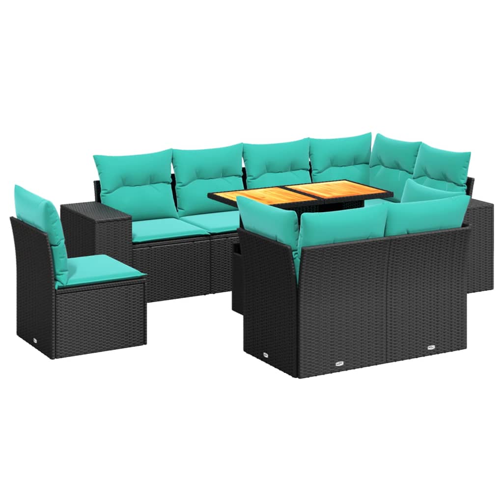 9-tlg. Garten-Sofagarnitur mit Kissen Schwarz Poly Rattan