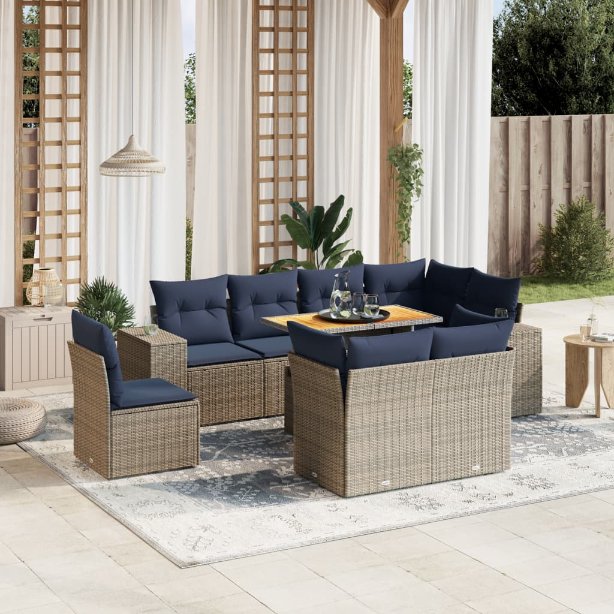 9-tlg. Garten-Sofagarnitur mit Kissen Schwarz Poly Rattan