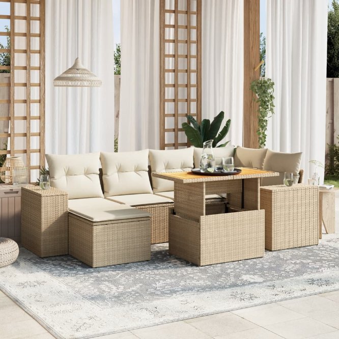 7-tlg. Garten-Sofagarnitur mit Kissen Schwarz Poly Rattan