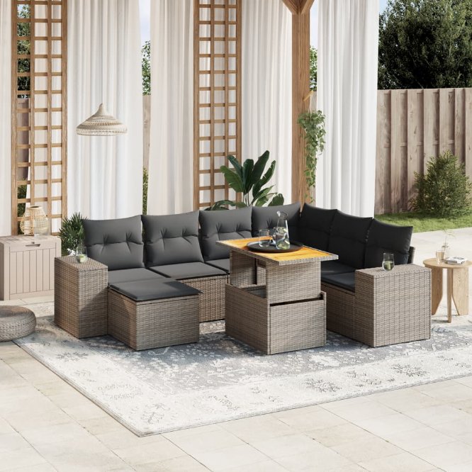 8-tlg. Garten-Sofagarnitur mit Kissen Schwarz Poly Rattan