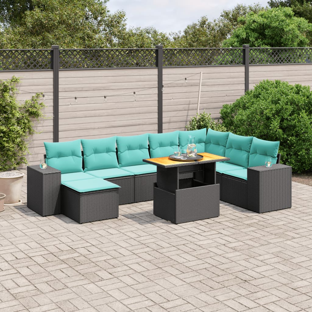 9-tlg. Garten-Sofagarnitur mit Kissen Schwarz Poly Rattan