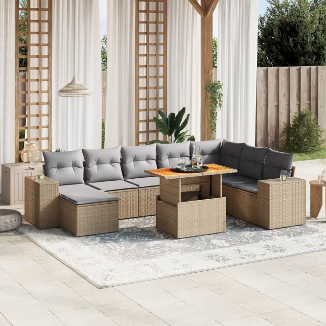9-tlg. Garten-Sofagarnitur mit Kissen Schwarz Poly Rattan