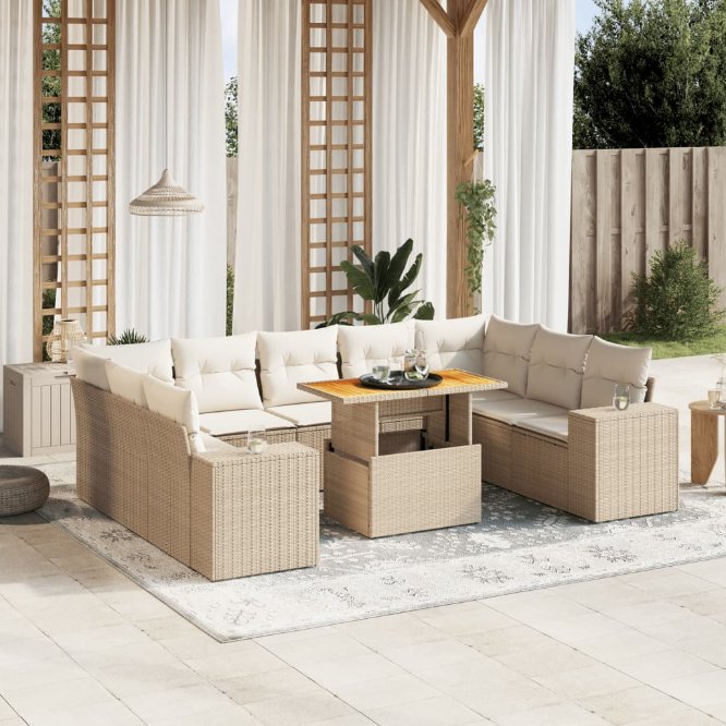 vidaXL 10-tlg. Garten-Sofagarnitur mit Kissen Schwarz Poly Rattan