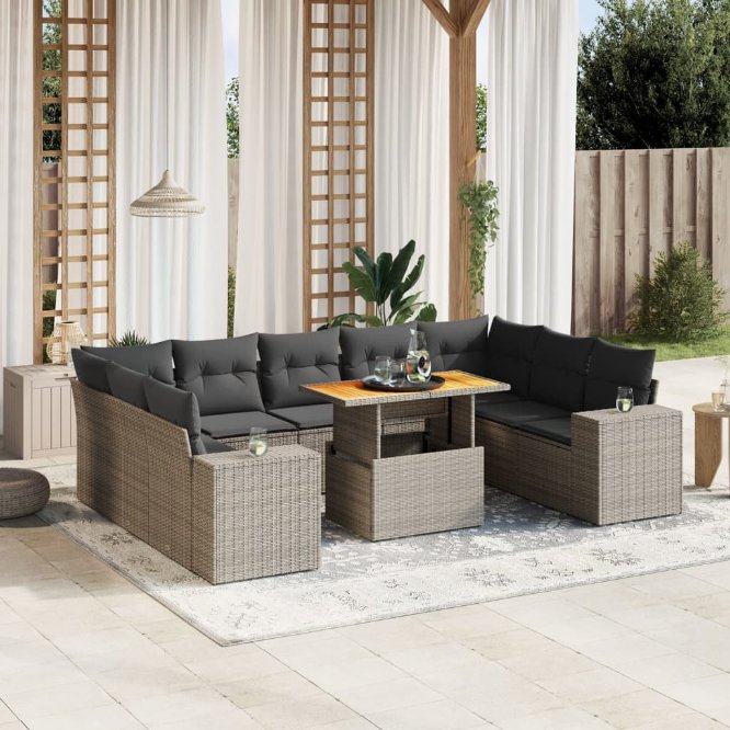 vidaXL 10-tlg. Garten-Sofagarnitur mit Kissen Schwarz Poly Rattan