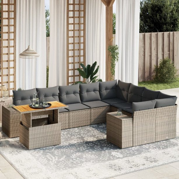 vidaXL 10-tlg. Garten-Sofagarnitur mit Kissen Schwarz Poly Rattan