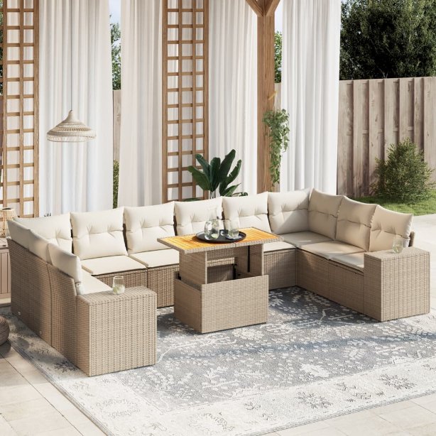 vidaXL 11-tlg. Garten-Sofagarnitur mit Kissen Schwarz Poly Rattan